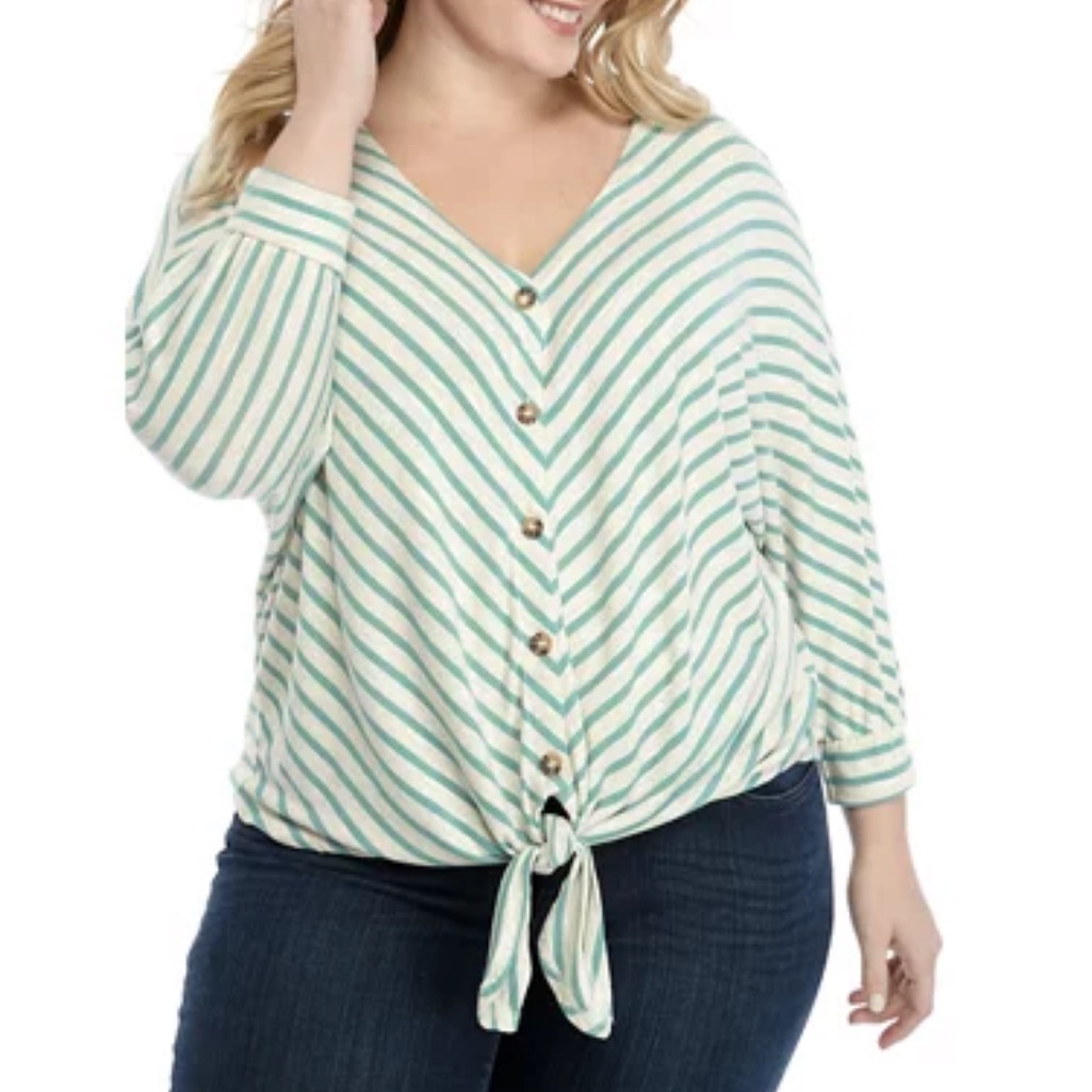 Democracy Striped V-Neck Tie Front Top Size 2x Nwt